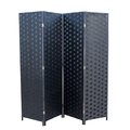 Manmade Black Paper Straw Weave 4 Panel Screen on 2 in. H Wooden Legs, Handcrafted MA2629606